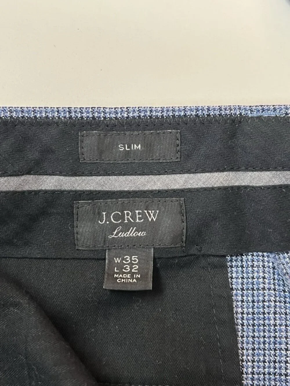 J. Crew Ludlow Slim Fit Suit Pants  Italian Wool Silk Sz 35x32 Blue Houndstooth